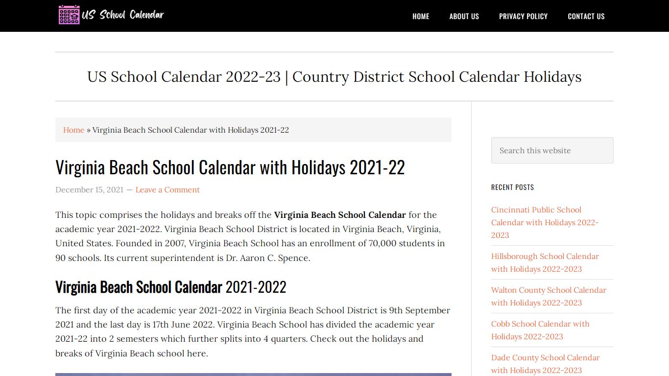 Virginia Beach School Calendar with Holidays 2021-22